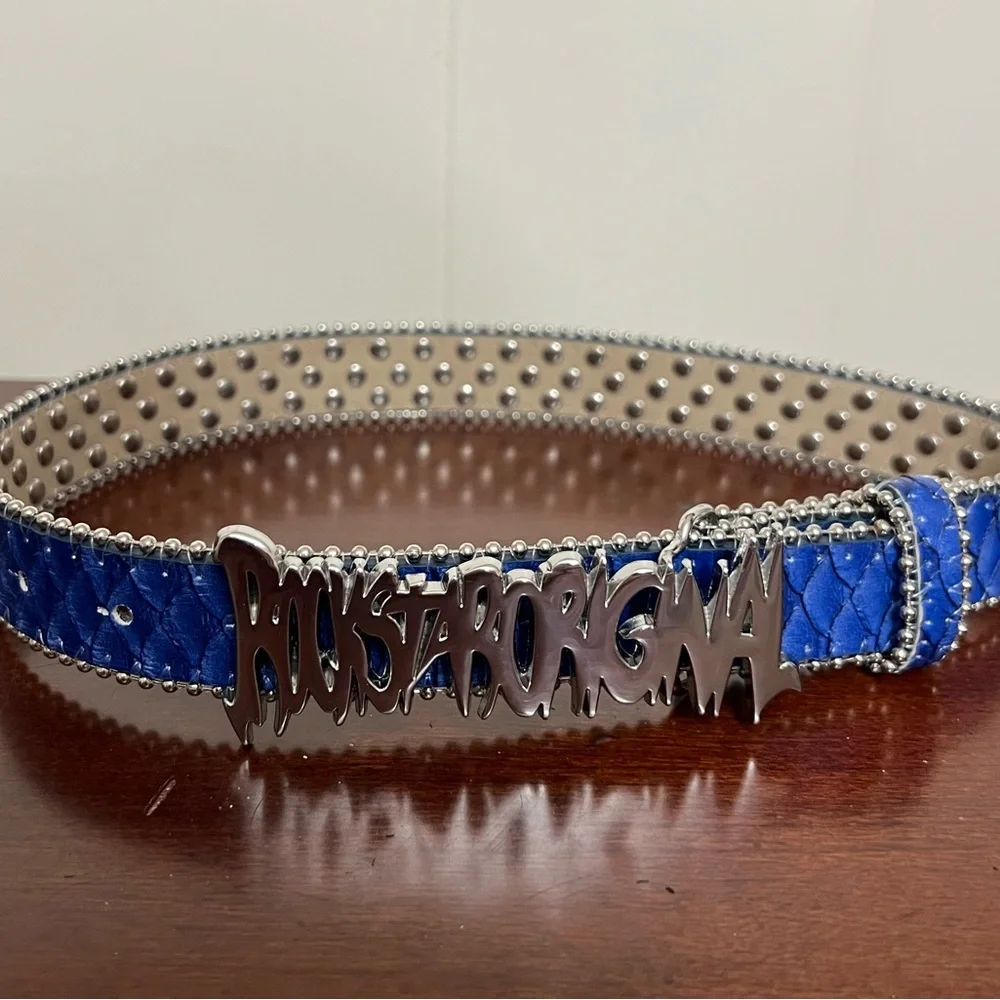 Rockstar original Tedros Rhinestone Blue Rockstar Logo faux leather Belt EUC